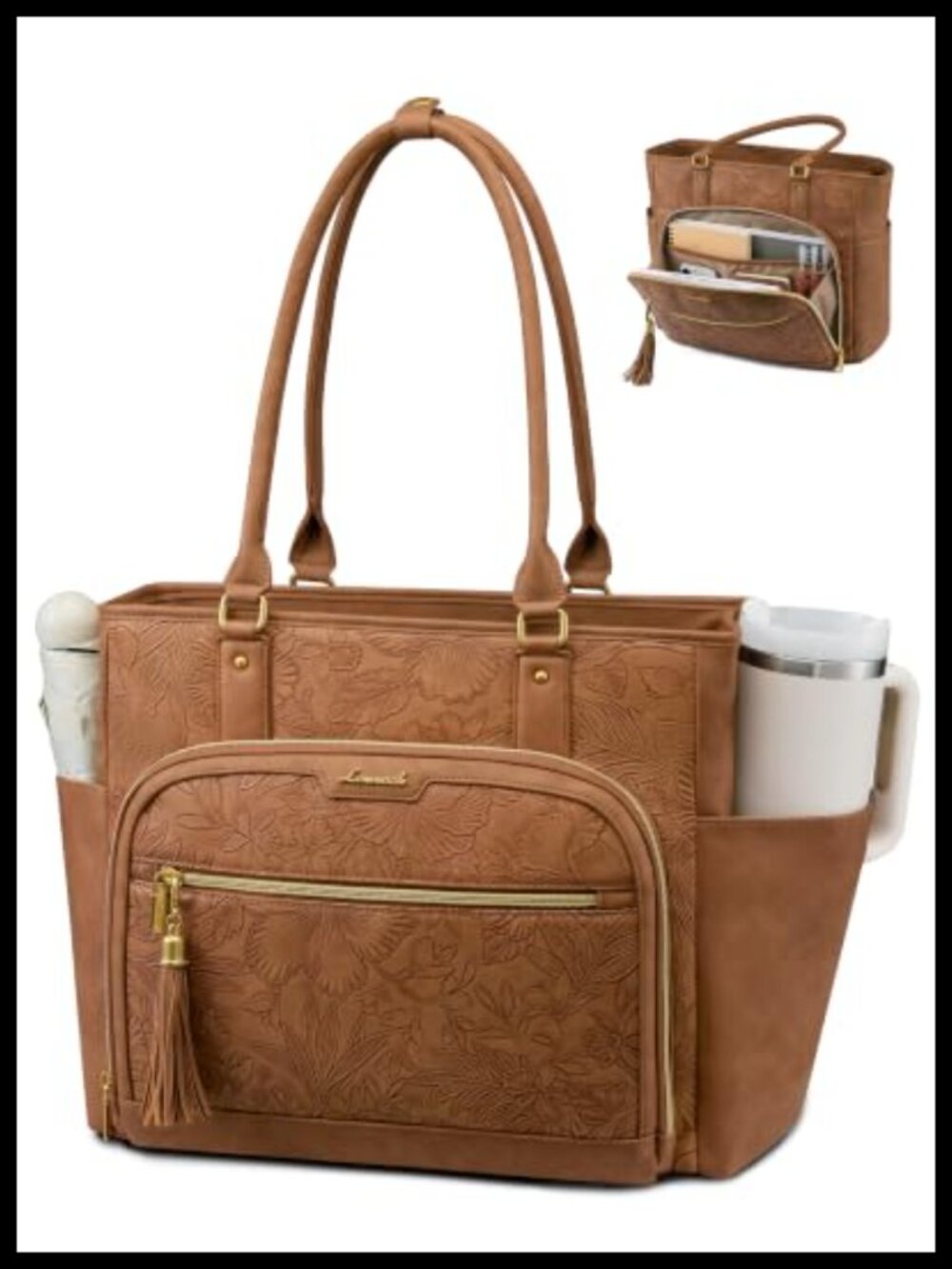 Vintage Leather Laptop Tote Bag with Large Cup Holder, 15.6 Inch Waterproof